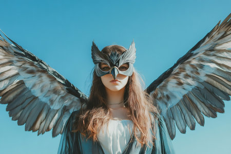 Portrait of a young woman wearing a handmade eagle costume and mask posing with outstretched wings against a blue skyの素材