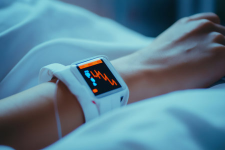 Close up of a wearable device displaying vital signs on the wrist of a patient resting in a hospital bedの素材
