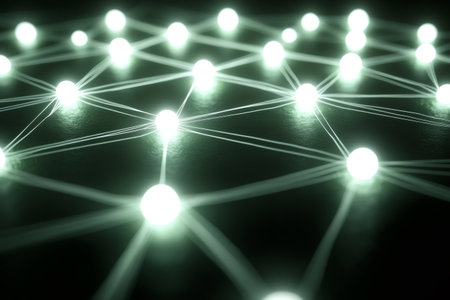 Glowing nodes interconnected by thin lines creating a network on a dark background, symbolizing technology, communication, and data flowの素材