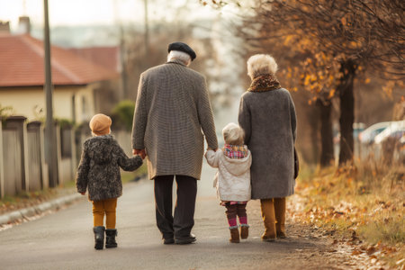 Elderly couple walking hand in hand with their grandchildren, enjoying the warmth of a sunny autumn day filled with laughter and loveの素材