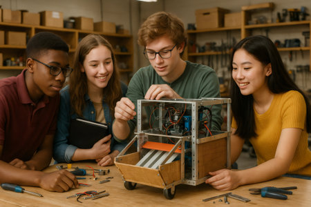 Four engineering students collaborating on innovative robotics project, showcasing teamwork and problem solving skills in modern laboratory settingの素材