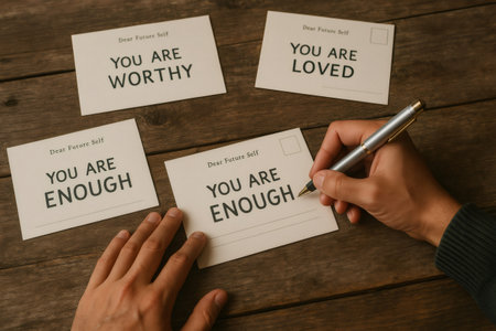 Close up of a man writing positive messages on postcards addressed to his future self, promoting self love and encouragementの素材