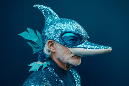 Quirky portrait of a senior man wearing a sparkling blue dolphin costume, embodying eccentricity and playful spirit against a vibrant blue backdropの素材