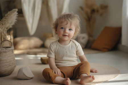 Smiling toddler wearing eco friendly organic beige clothing sitting on natural fiber carpet in cozy bohemian style nurseryの素材