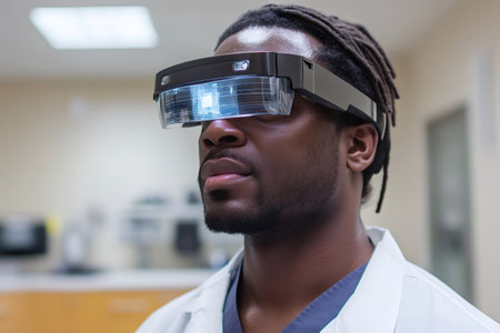 Medical professional using augmented reality headset for surgery, visualizing holographic data in modern operating roomの素材