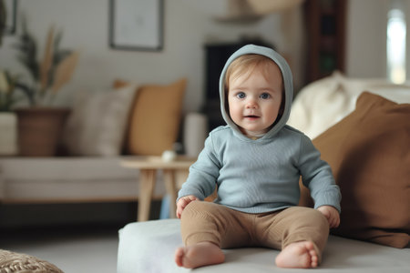 Baby with blue hooded sweatshirt and brown trousers sitting on white sofa in bright living roomの素材