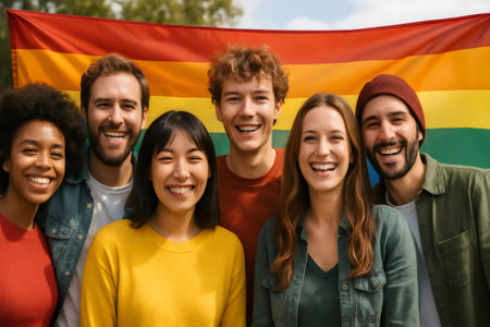Group of cheerful multi ethnic friends showing their support for LGBTQ plus rights, smiling and holding a rainbow flag at a pride eventの素材