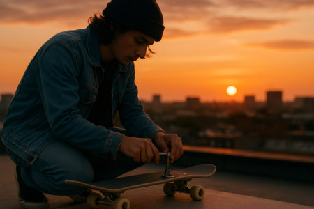 Young skater adjusting his skateboard on a rooftop with a cityscape and sunset in the backgroundの素材
