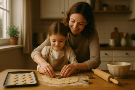 Mom and daughter bonding while baking heart shaped cookies in a cozy kitchen, cherishing family moments and creating sweet memories togetherの素材