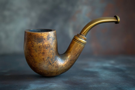 Close up view highlighting an antique brass pipe, showcasing its vintage, weathered appearance against a dark, textured surfaceの素材
