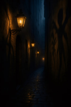 Ominous shadows are cast on the walls of a narrow, cobblestone alley illuminated by flickering street lamps, creating a suspenseful and eerie atmosphereの素材