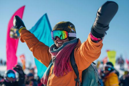 Snowboarder with colorful goggles and scarf raising arms in celebration at a winter sports event with colorful flags, expressing joy and excitementの素材