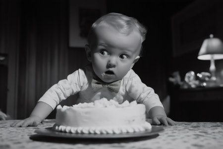 Black and white image capturing a baby boy in a bow tie, crawling eagerly towards a birthday cake set on the table, radiating curiosityの素材