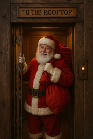 Santa Claus holding a red bag full of gifts is using a vintage elevator to reach the rooftop and deliver Christmas presentsの素材