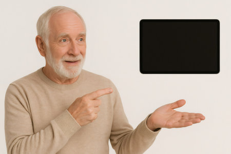 Elderly man pointing at a floating tablet with a blank screen on a white background, perfect for mockups and presentationsの素材