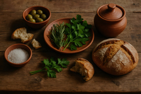 Rustic table setting with freshly baked bread, rosemary, parsley, olives and salt, creating a warm and inviting atmosphereの素材