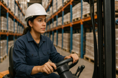 Concentrated female warehouse worker wearing hardhat driving forklift through aisles with boxes on shelvesの素材