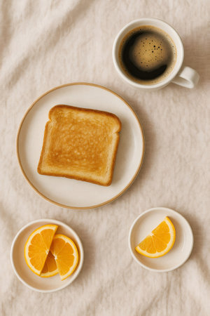 Minimalist breakfast setting featuring toasted bread, coffee, and orange slices, arranged on a beige linen tablecloth, creating a cozy morning sceneの素材