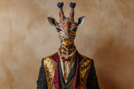 Surreal portrait of a giraffe wearing an elegant patterned suit and a bow tie, against a textured background, blending animal and human elementsの素材