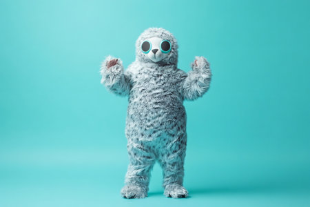 Full length view of a person wearing a playful seal costume, raising their hands against a vibrant turquoise backdropの素材