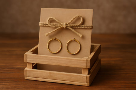 Pair of elegant golden earrings presented on a rustic cardboard with a string bow, placed inside a small wooden crate, creating a charming and minimalist displayの素材