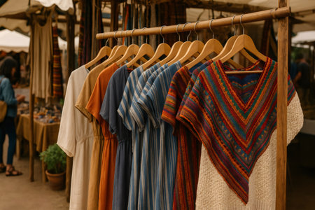 Variety of colorful handmade clothes hanging on wooden hangers, displayed at an outdoor market stallの素材