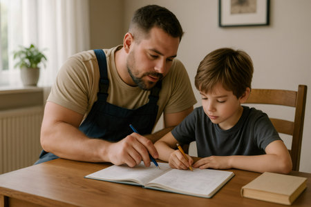Father wearing blue overalls is helping his young son with homework, pointing at the notebook on a wooden tableの素材