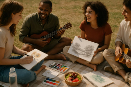 Group of young artists sharing their passion for art and music during a cheerful picnic in a park, playing ukulele and paintingの素材