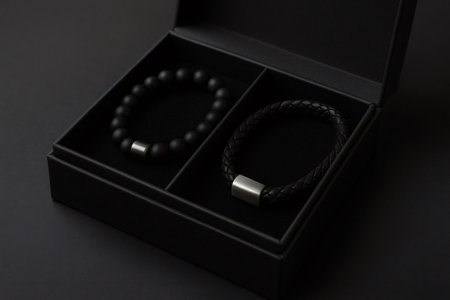 Stylish leather and beaded bracelets presented in a luxurious gift box, perfect for showcasing men's accessoriesの素材