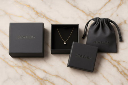 Luxury necklace with brilliant gemstone in elegant black packaging, boxes and bag on marble tableの素材