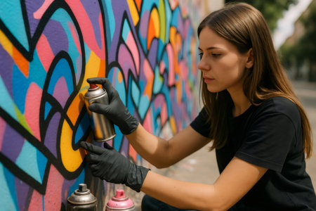 Young woman artist creating vibrant abstract graffiti with spray paint on an urban wall, expressing creativity and passion through artの素材