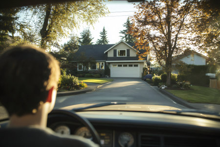 Teenager viewing suburban home from car, representing a first drive home or return to family residenceの素材