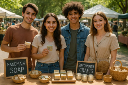 Four young colleagues selling sustainable handmade soap and other crafts at their stall in an outdoor marketの素材