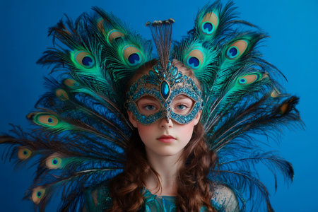 Young girl dressed as a peacock fairy, wearing an elaborate feathered costume and mask, set against a vibrant blue backgroundの素材