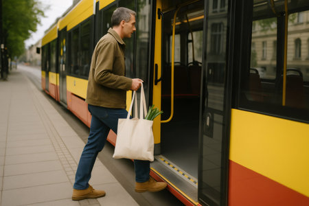 Passenger boarding a modern tram, carrying a reusable shopping bag containing fresh groceries, promoting sustainable urban transportationの素材