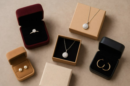 Diamond ring, pearl earrings, necklaces and gold hoop earrings are displayed in small gift boxes on a beige surface, creating an elegant and luxurious compositionの素材