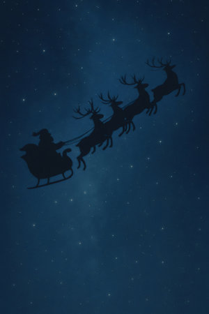 Silhouette of Santa Claus flying in his sleigh pulled by reindeer in a starry night sky, perfect for Christmas projectsの素材