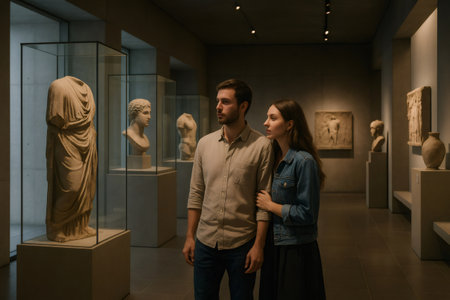 Young couple enjoying a cultural experience, observing classical statues and artifacts in a museumの素材