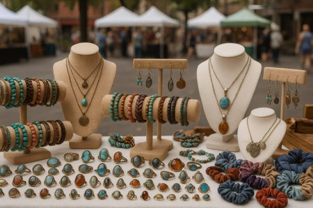 Colorful handmade jewelry featuring necklaces, rings, bracelets and earrings displayed on a stall during an outdoor marketの素材