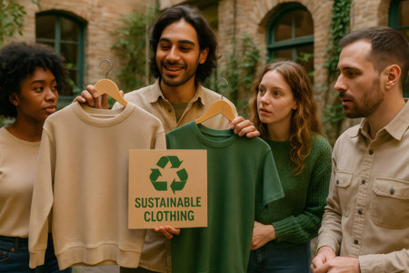 Fashion designers showcasing innovative sustainable clothing crafted from recycled materials, emphasizing eco friendly practices and circular economy principlesの素材