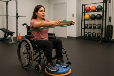 Determined Hispanic woman using resistance band while sitting in wheelchair on balance board in accessible gymの素材