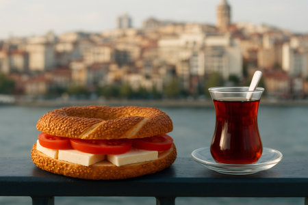 Traditional Turkish breakfast with simit filled with cheese and tomato slices, served with a glass of black tea, overlooking Istanbulの素材