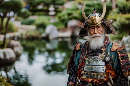 Elderly man with long white beard wearing traditional samurai armor posing in a Japanese gardenの素材