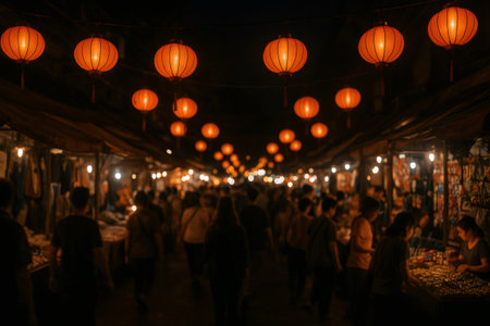 Crowds of people walking and shopping in a night market illuminated by rows of traditional orange paper lanternsの素材