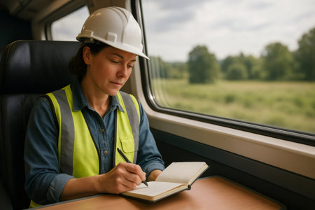 Focused female engineer wearing safety helmet and reflective vest writing notes on notebook while traveling by trainの素材