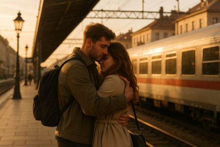 Romantic couple embracing on a platform at sunset, waiting for a train, sharing a tender moment before departureの素材