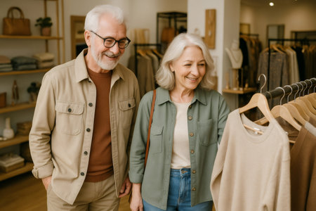 Smiling senior couple enjoying a delightful shopping experience together, browsing and selecting stylish clothing in a vibrant fashion storeの素材