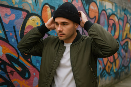 Young man wearing a bomber jacket and beanie, adjusting his hat while standing in front of a colorful graffiti wall, showcasing urban style and confidenceの素材