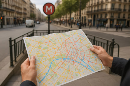 Tourist holding a map of Paris near a metro station entrance, planning a sightseeing tour in the cityの素材