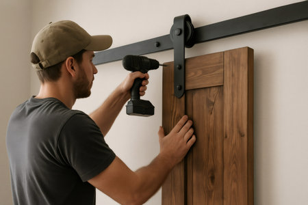 Carpenter installing a modern sliding barn door using a cordless drill in a residential building, showing casing skilled woodworking and renovationの素材
